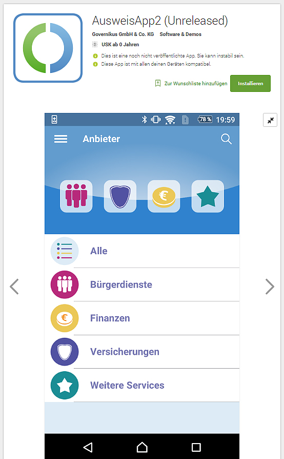 Online-Ausweisfunktion (eID-Funktion) mobil nutzen per Smartphone (Screenshoot aus dem Google Play Store / play.google.com)