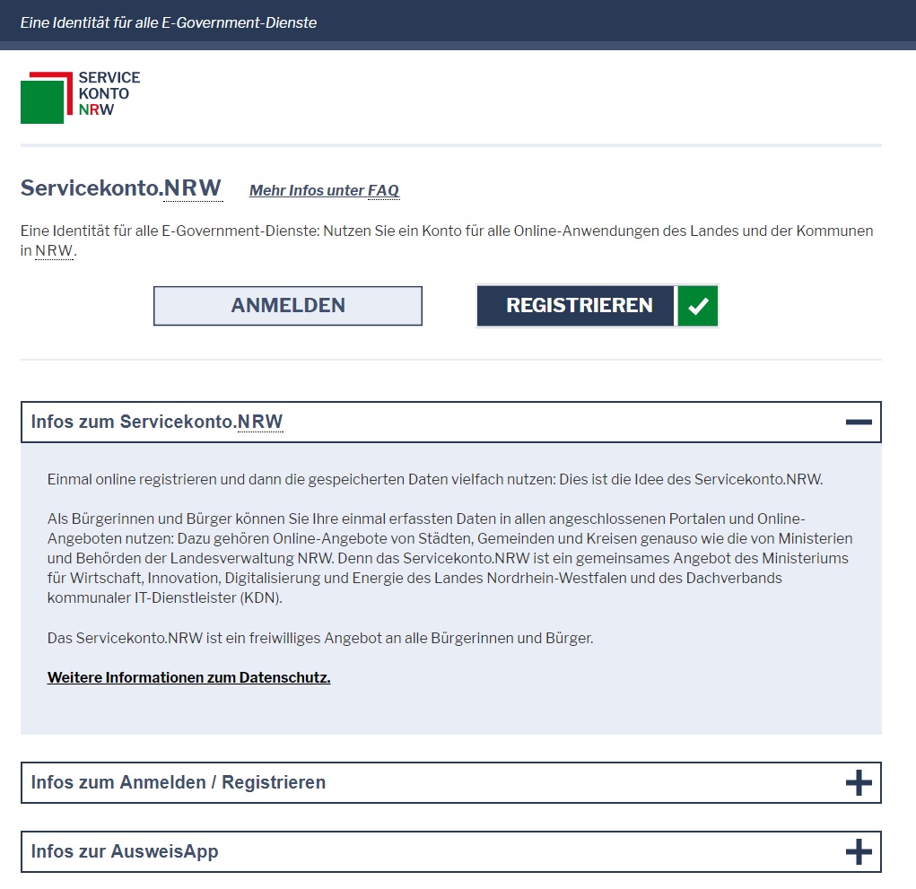 Startseite des Servicekonto.NRW mit eIDAS-kompatiblen Formularserver