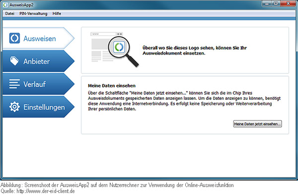 Screenshoot der Ausweisapp2 auf dem Nutzerrechner zur Verwendung der Online-Ausweisfunktion