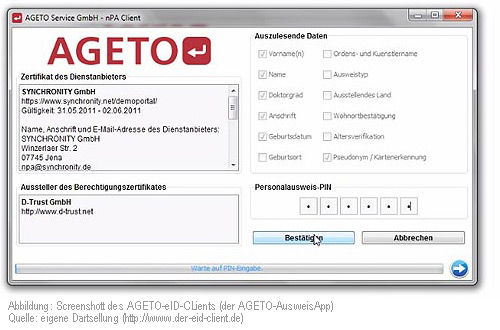 Screenshoot des Ageto eID-Clients bzw. der Ageto-AusweisApp